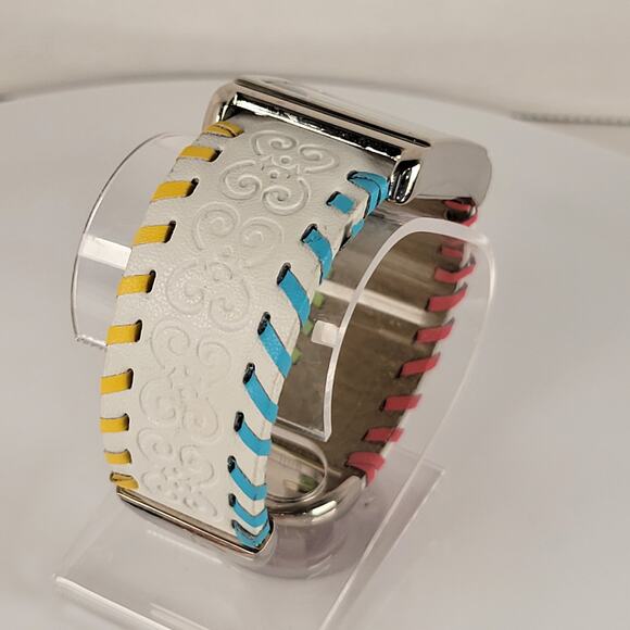 Silver Quartz Watch with Embossed Cuff White Leather Strap and Multicolor Design - Picture 7 of 16